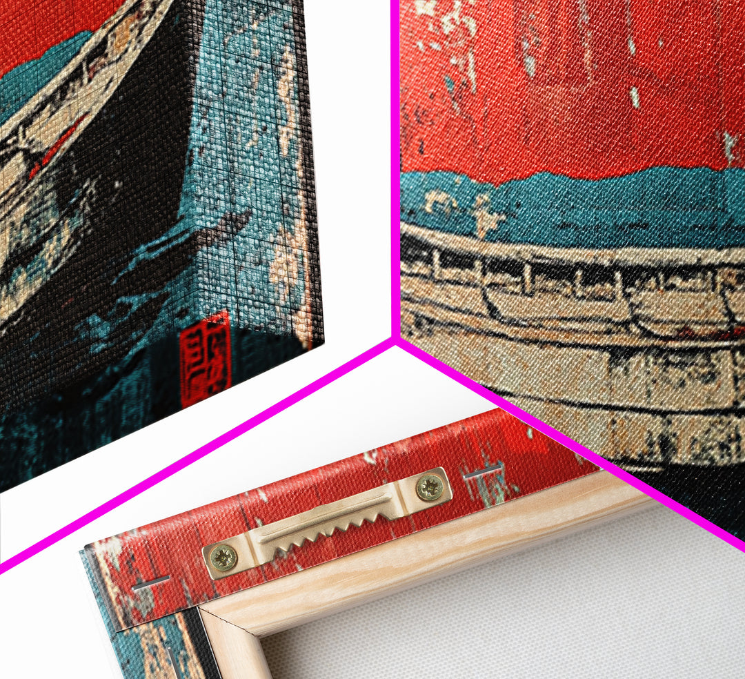 White Fishing Boat On Red Teal Sea, Japanese Wall Art, Nautical Canvas Print, Coastal Wall Decor, Beach House Decor Gift