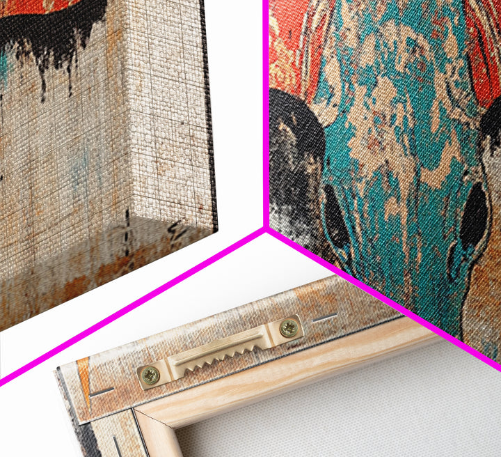 Turquoise Longhorn Skull Wall Art, Western Boho Canvas Print, Southwestern Rustic Decor, Long Horizontal Statement Artwork