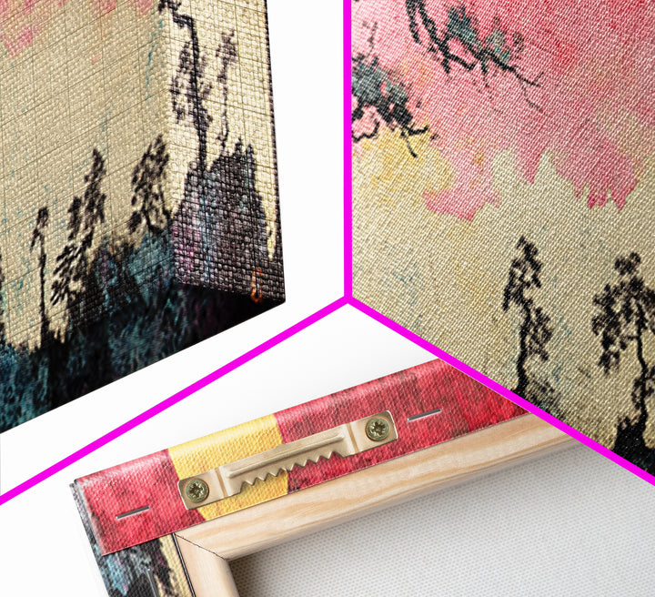 Pink Sunset Moon Tree Landscape Wall Art, Japanese Canvas Print, Dreamy Nature Decor, Long Horizontal Bedroom Wall Decor