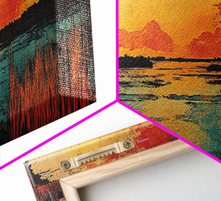 Vibrant Sunset Lake Landscape Wall Art, Marsh Water Canvas Print, Rustic Nature Decor, Large Horizontal Living Room Art Print