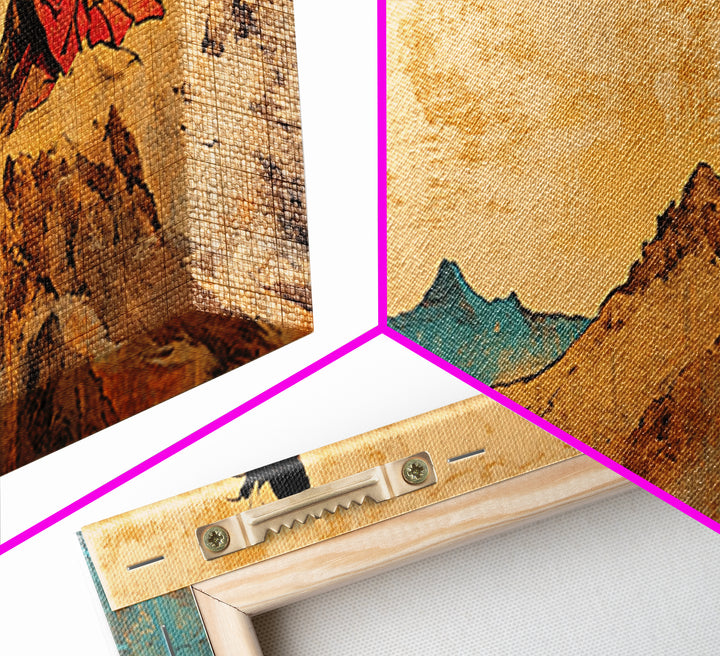Sunset Woman Cliff Canvas Print, Asian Landscape Wall Art, Warm Desert Mountains, Boho Living Room Decor Housewarming Gift
