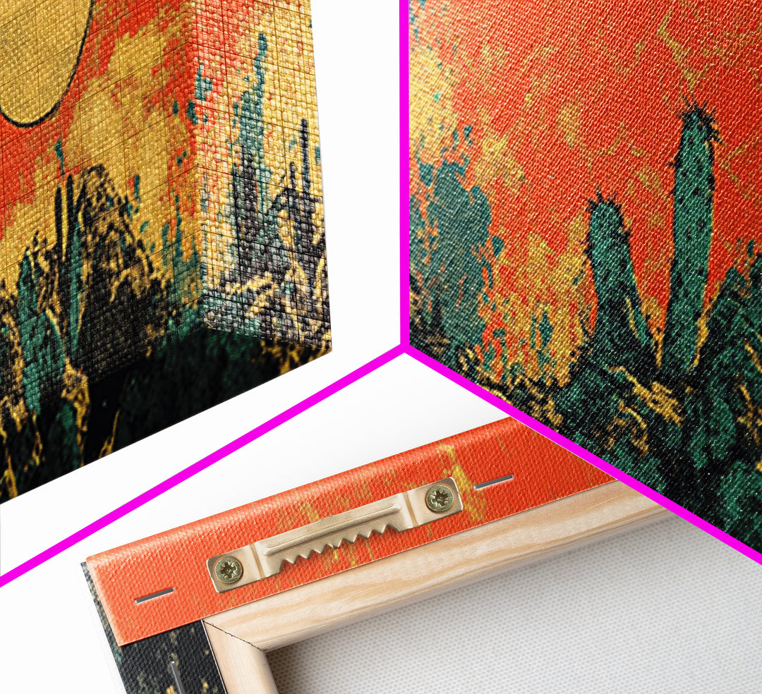 Desert Cactus Sunset Wall Art, Southwestern Landscape Canvas Print, Boho Western Decor, Warm Terracotta Home Decor Gift For Him
