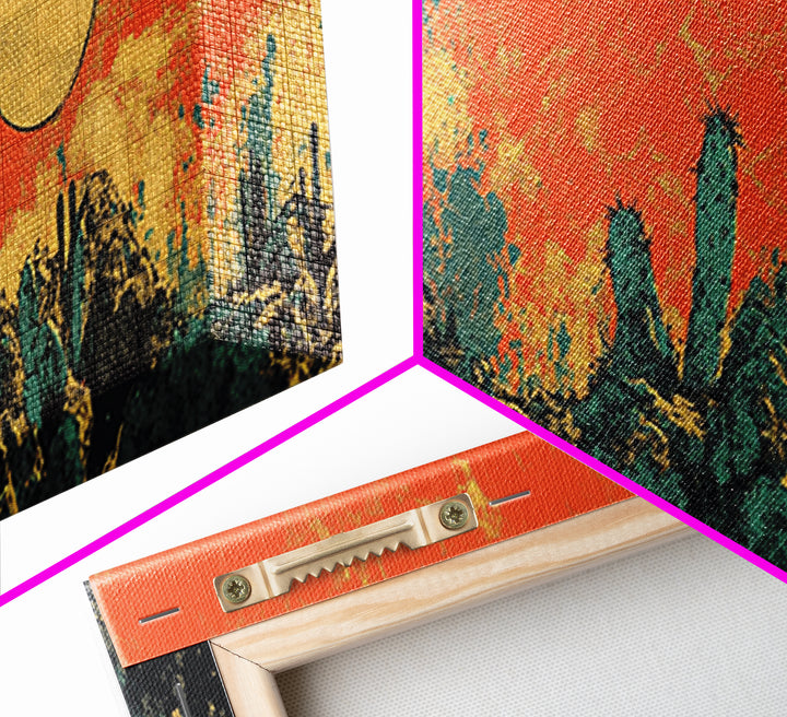 Desert Cactus Sunset Wall Art, Southwestern Landscape Canvas Print, Boho Western Decor, Warm Terracotta Home Decor Gift For Him