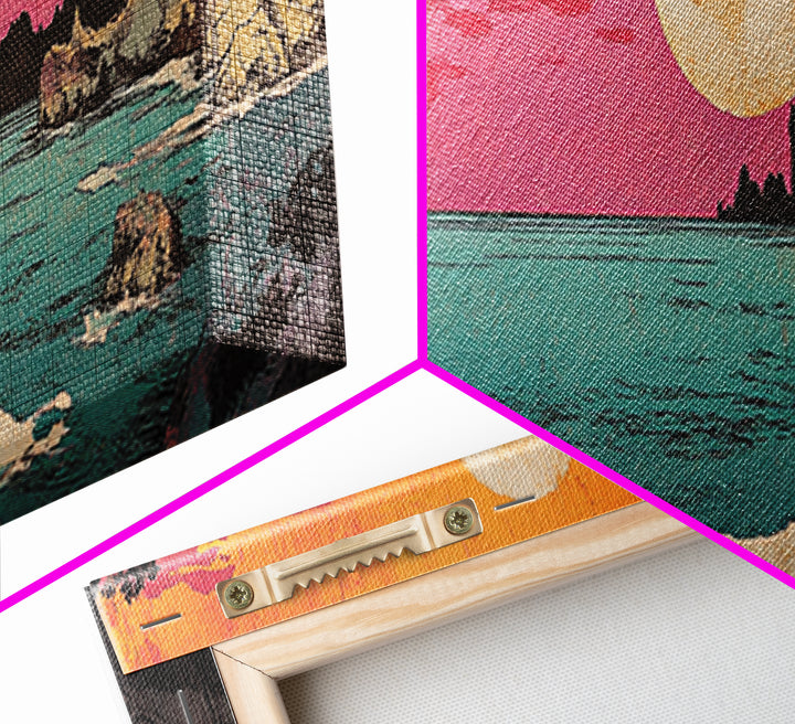 Pink Sunset Over Turquoise Cove Canvas Print, Japanese Coastal Wall Art, Ocean Seascape Decor, Beach House Wall Art Print