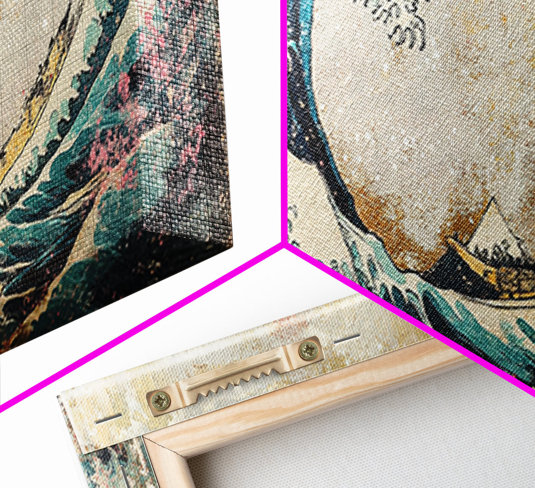 Japanese Great Wave With Soft Pastel Mountains Wall Art, Ukiyo E Framed Canvas Print, Coastal Japandi Decor, Ocean Art Print