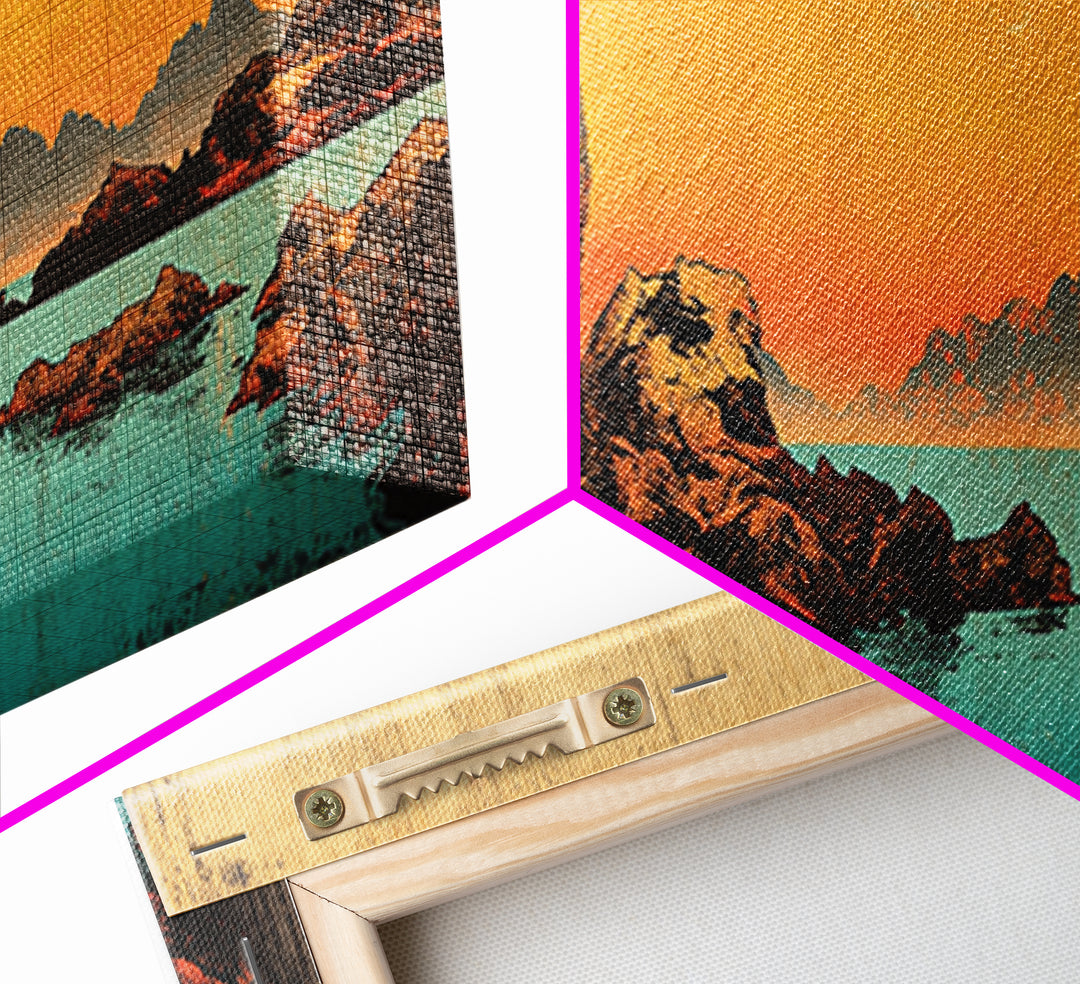 Orange Sunset Mountain Lake With Rocks Wall Art, Southwestern Canvas Print, Rustic Landscape Decor, Large Horizontal Art