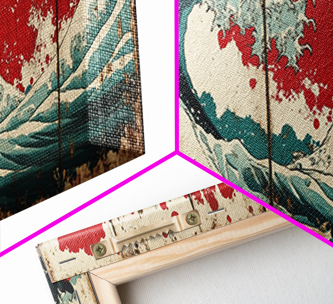 Great Wave Red Sun Wall Art, Japanese Ocean Canvas Print, Coastal Seascape Decor, Panoramic Wave Art Poster For Living Room