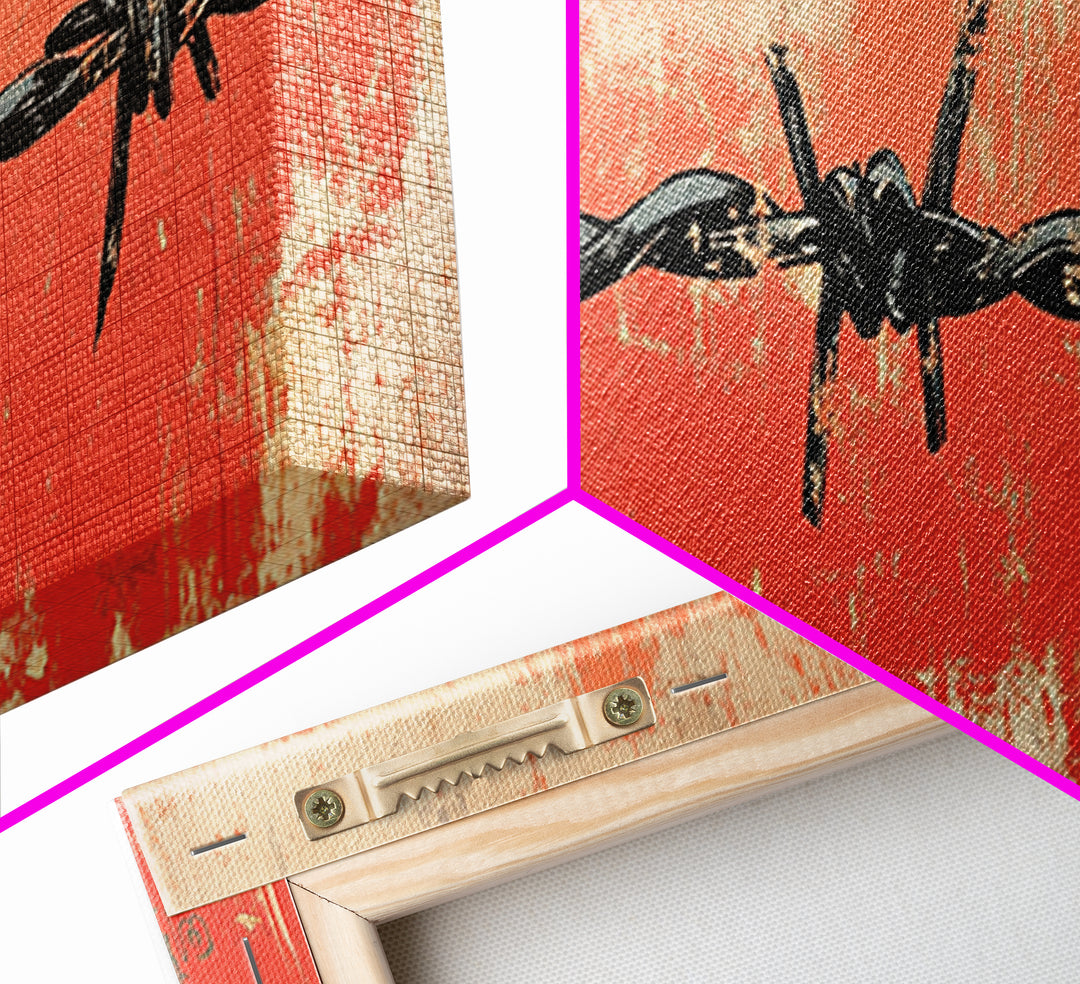 Barbed Wire Fence Wall Art, Western Rustic Print, Industrial Farmhouse Decor, Orange Grunge Canvas For Man Cave Or Office