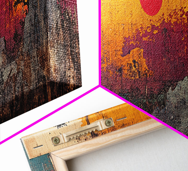 Abstract Mountain Sunset Canvas Print, Japanese Inspired Landscape Wall Art, Bold Orange Teal Decor, Modern Rustic Living Room Print