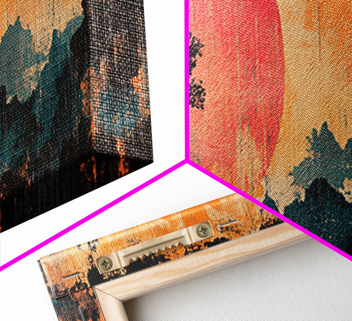 Crimson Sun Behind Misty Mountains Wall Art, Japanese Landscape Canvas Print, Pine Forest Decor, Panoramic Living Room Art