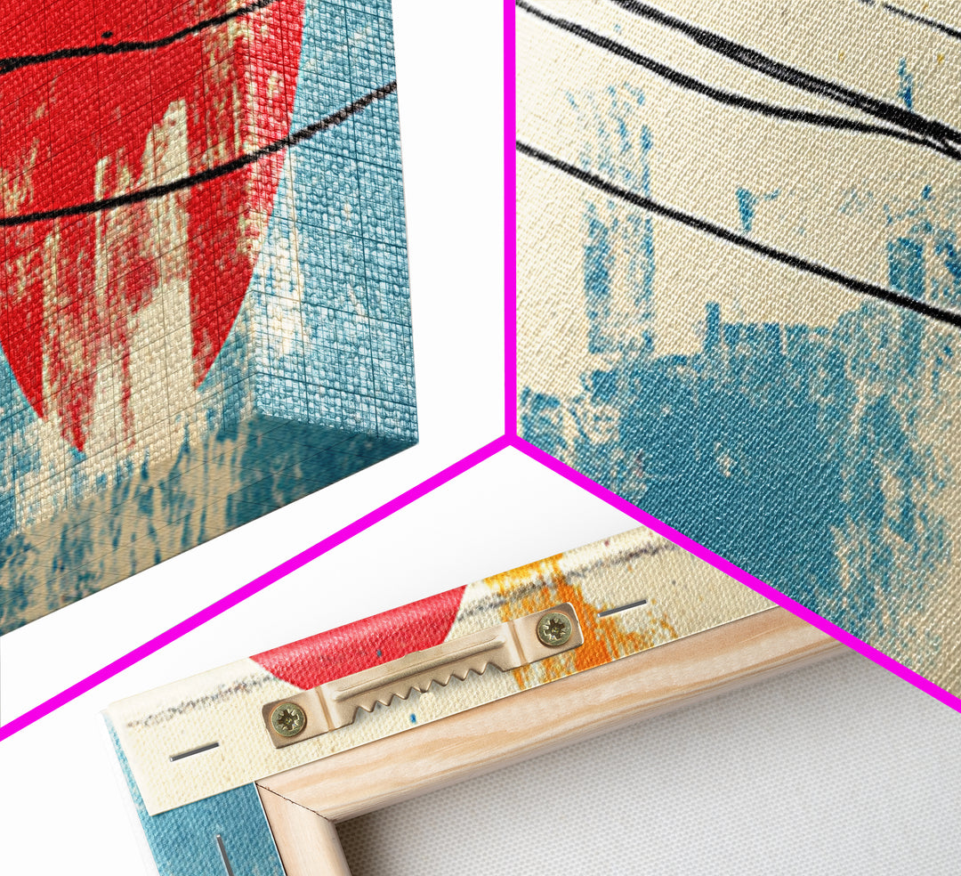 Weathered Utility Pole With Red Sun Canvas Print, Japanese Wall Art, Urban Industrial Decor, Long Horizontal Living Room Art