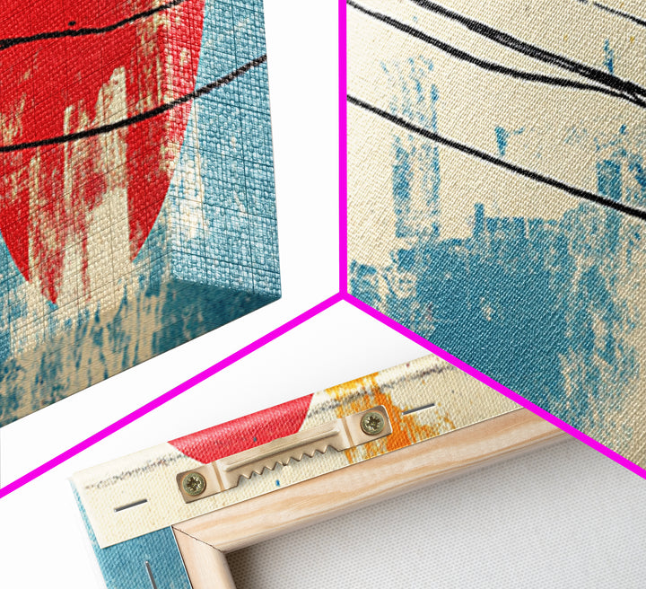 Weathered Utility Pole With Red Sun Canvas Print, Japanese Wall Art, Urban Industrial Decor, Long Horizontal Living Room Art