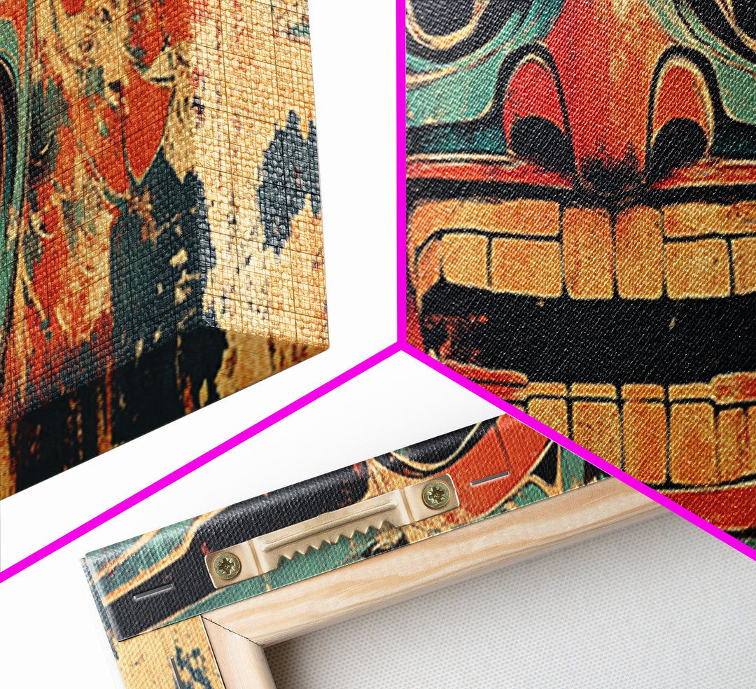 Bold Tribal Mask Framed Canvas Print, Indigenous Wall Art, Ethnic Home Decor, Pacific Northwest Style, Statement Artwork