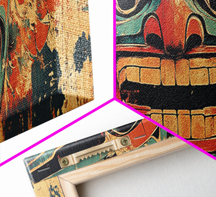 Bold Tribal Mask Framed Canvas Print, Indigenous Wall Art, Ethnic Home Decor, Pacific Northwest Style, Statement Artwork