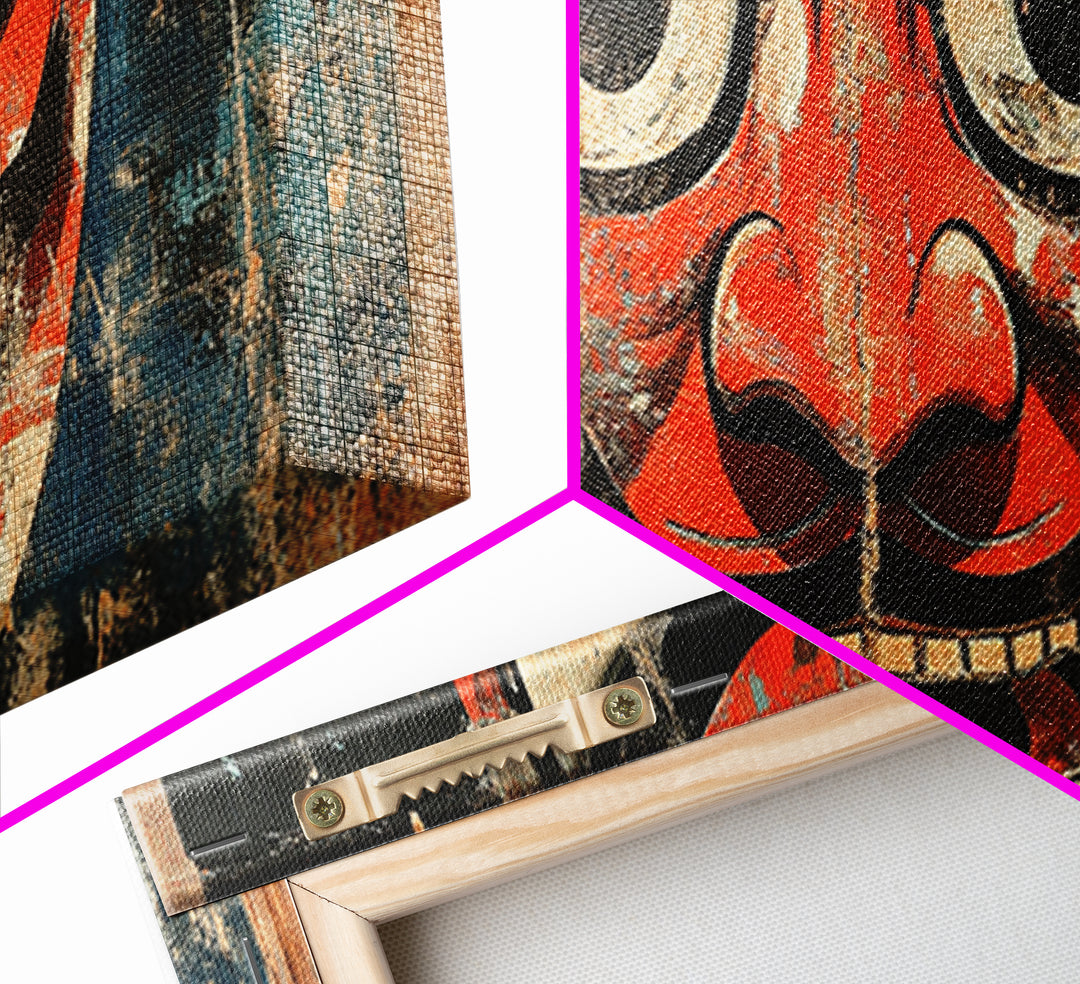 Red Oni Mask Wall Art, Japanese Framed Canvas Print, Asian Inspired Decor, Bold Folk Art, Dramatic Statement Artwork Gift