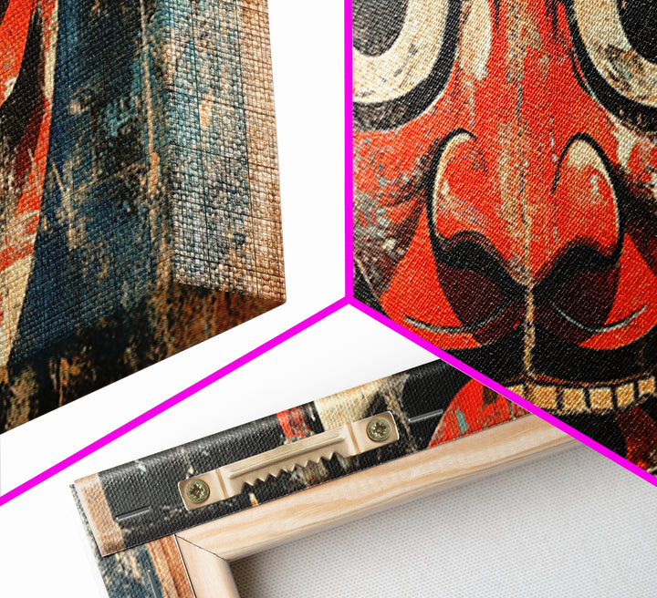Red Oni Mask Wall Art, Japanese Framed Canvas Print, Asian Inspired Decor, Bold Folk Art, Dramatic Statement Artwork Gift