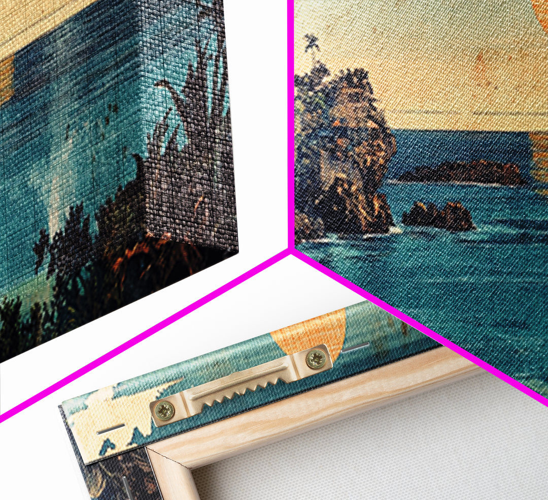 Tropical Ocean Cove Sunset Wall Art, Panoramic Coastal Canvas Print, Beach House Decor, Nautical Living Room Wall Art Print