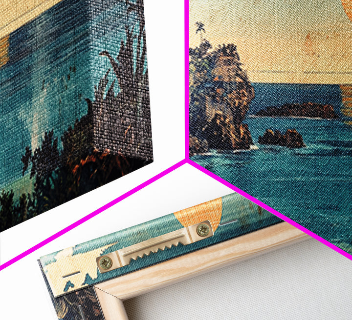 Tropical Ocean Cove Sunset Wall Art, Panoramic Coastal Canvas Print, Beach House Decor, Nautical Living Room Wall Art Print