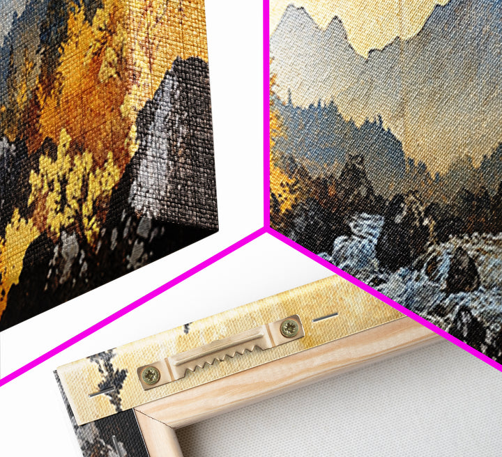 Autumn Mountain River Sunrise Wall Art, Panoramic Landscape Canvas Print, Rustic Cabin Decor, Large Nature Living Room Art