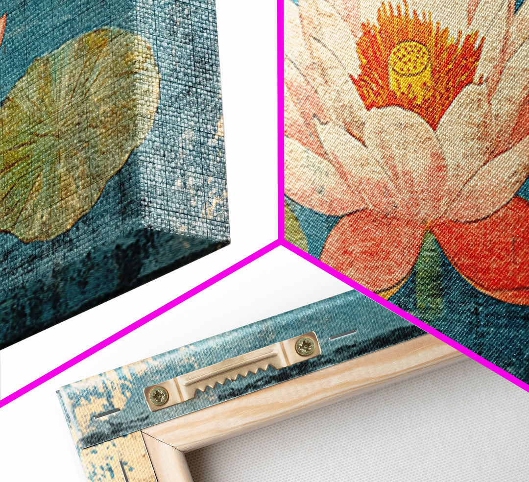 Pink Lotus Flower On Blue Pond Wall Art, Japanese Water Lily Canvas Print, Zen Bathroom Decor, Botanical Coastal Home Decor