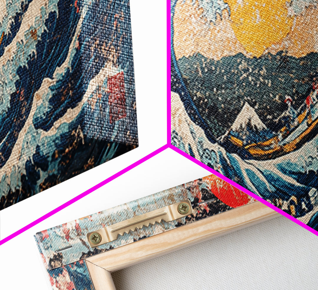 Japanese Ocean Wave And Red Sun Wall Art, Hokusai Inspired Canvas Print, Nautical Coastal Decor, Large Living Room Seascape Print