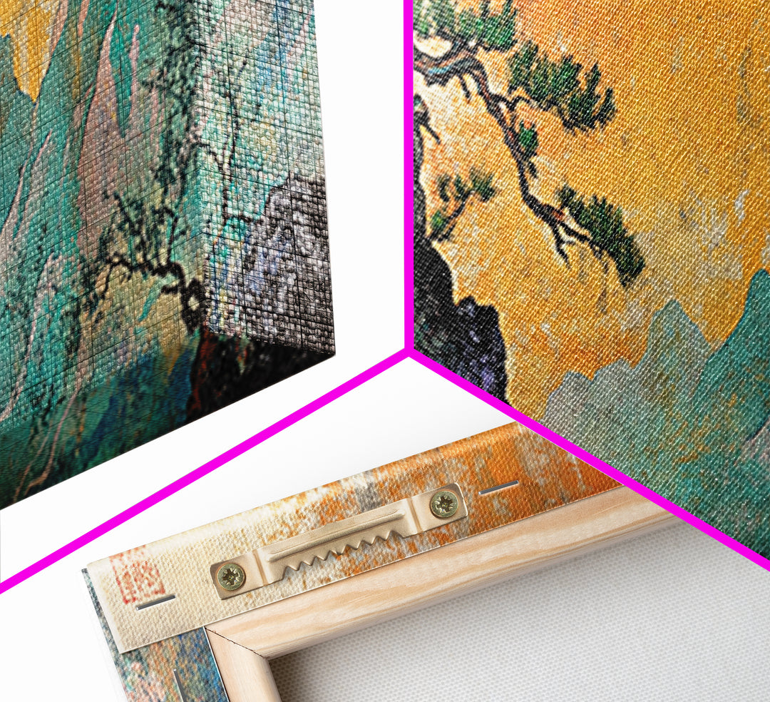 Soaring Bird Rocky Cliff Canvas Print, Teal Mountain Landscape Wall Art, Japanese Nature Art, Large Panoramic Home Decor
