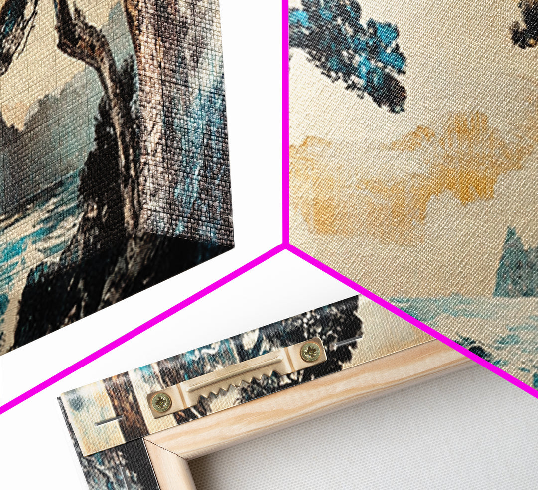 Misty Coastal Cove Canvas Print, Pine Tree Seascape Wall Art, Japanese Inspired Landscape, Large Panoramic Living Room Home Decor