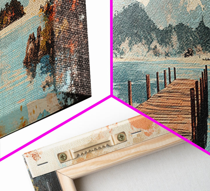 Serene Lake Dock And Mountain Canvas Print, Japanese Landscape Art, Coastal Wall Decor, Peaceful Living Room Decor, Above Sofa Wall Art