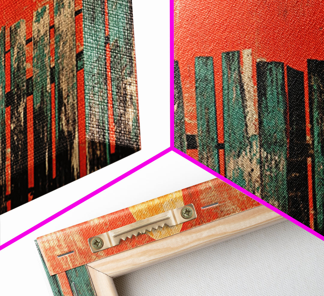 Red Sun Abstract Skyline Wall Art, Mid Century Modern Canvas Print, Urban Living Room Decor, Bold Orange City Poster Print