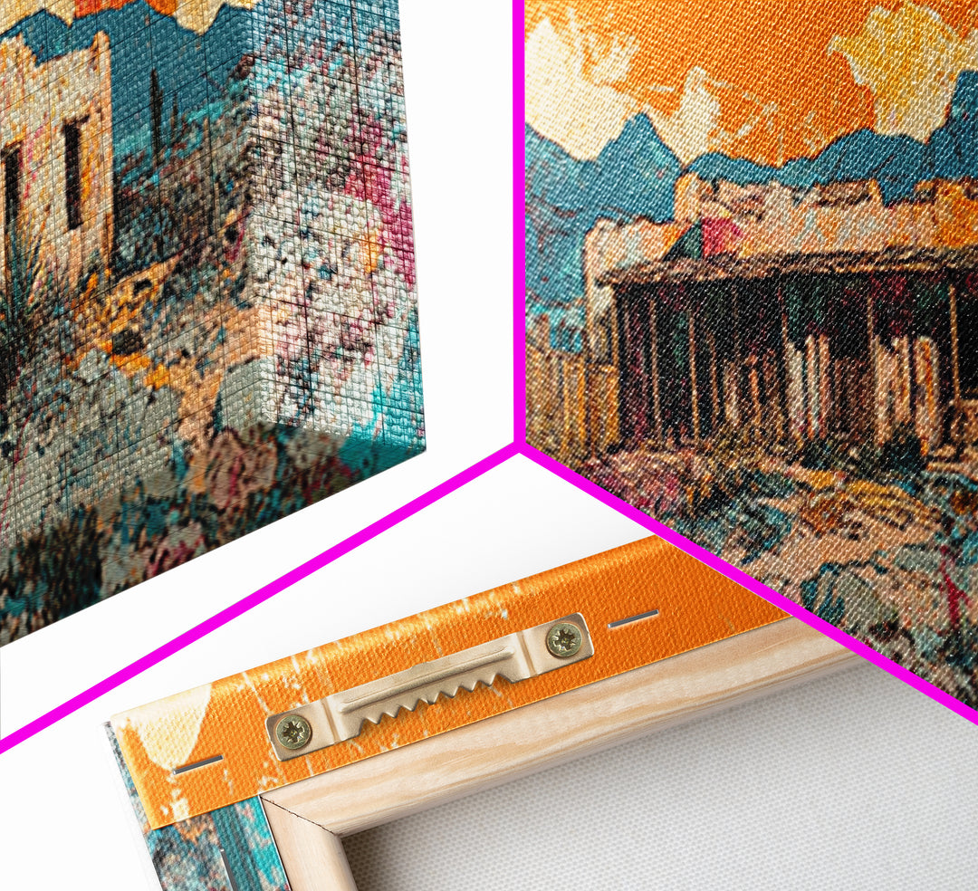 Orange Desert Adobe House Wall Art, Southwestern Landscape Canvas Print, Modern Rustic Home Decor, Santa Fe Style Poster