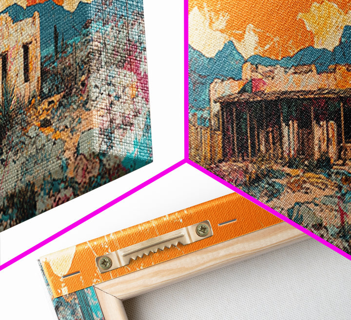 Orange Desert Adobe House Wall Art, Southwestern Landscape Canvas Print, Modern Rustic Home Decor, Santa Fe Style Poster
