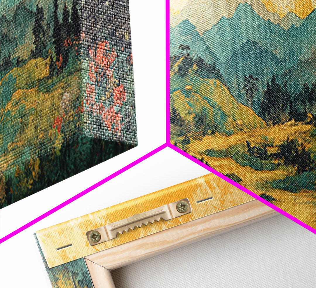 Misty Mountain Meadow Wall Art, Golden Sunrise Landscape Canvas Print, Nature Wall Decor, Above Sofa Living Room Decor Print