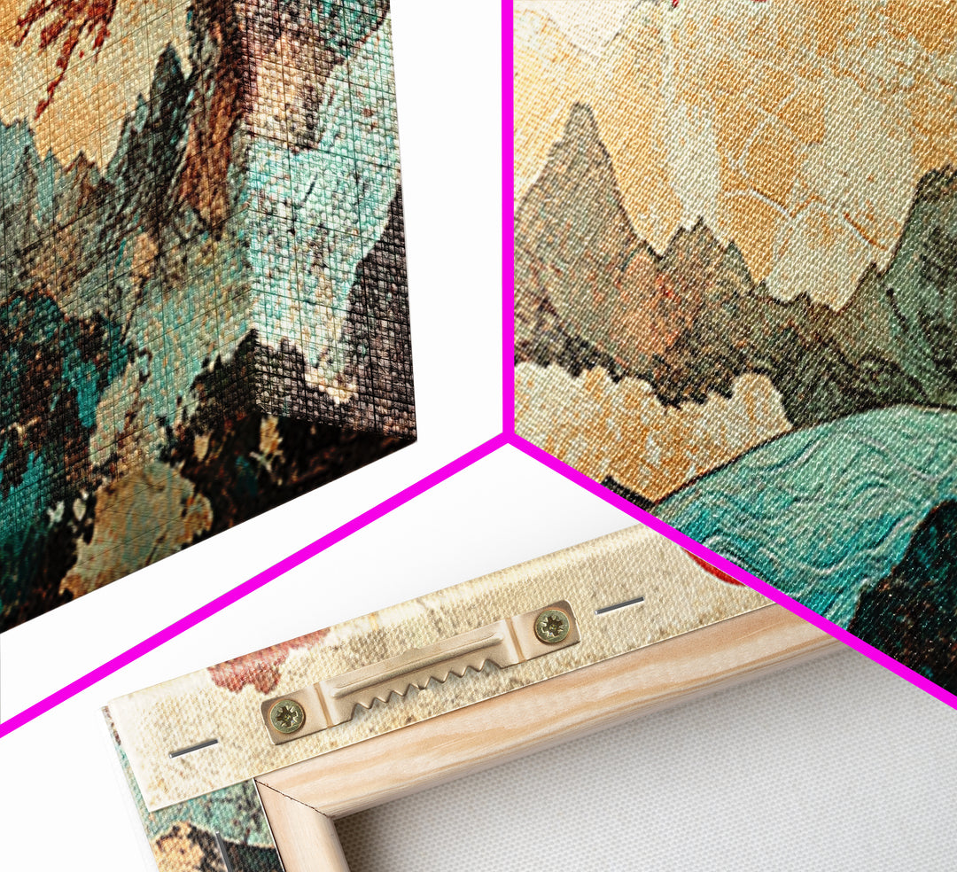 Red Sun Mountain River Landscape Wall Art, Japanese Wall Art, Panoramic Canvas, Japandi Decor, Living Room Wall Decor, Home Decor