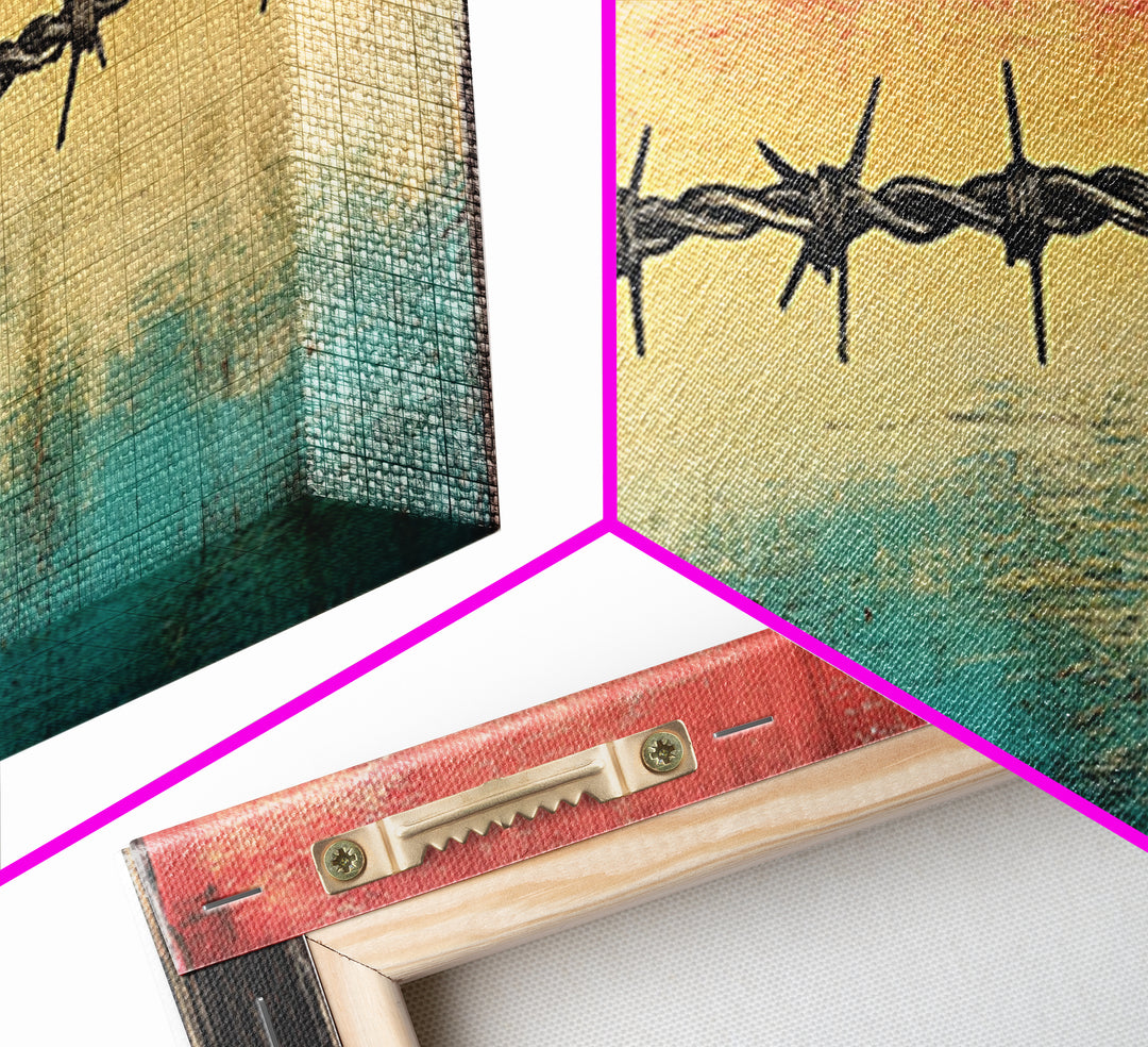 Barbed Wire Sunset Over Water Wall Art, Rustic Industrial Decor, Western Wall Art, Moody Canvas Print, Office Wall Decor