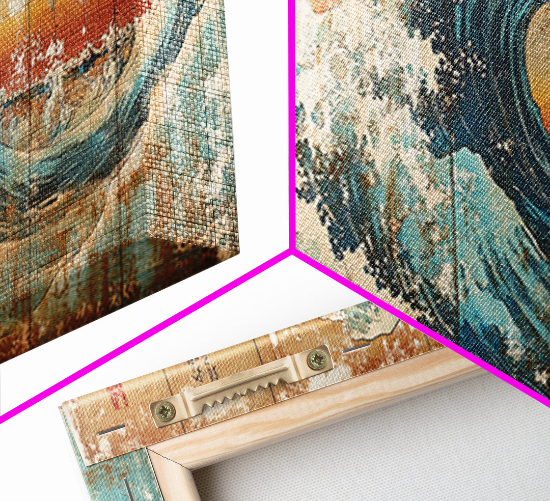 Great Japanese Wave With Golden Sky Canvas Print, Coastal Seascape Wall Art, Ocean Decor, Large Horizontal Living Room Art