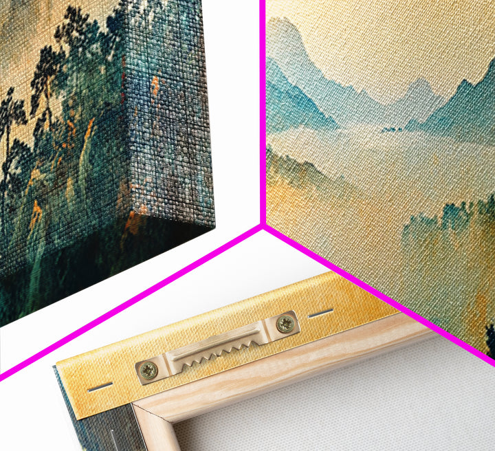 Misty Blue Mountain Valley Framed Canvas Print, Asian Landscape Wall Art, Zen Home Decor, Large Panoramic Nature Print, Office Decor