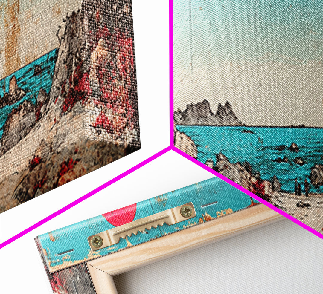 Seaside Shrine With Red Sun Wall Art, Japanese Coastal Print, Retro Pagoda Decor, Zen Ocean Landscape Canvas Gift For Home Decor
