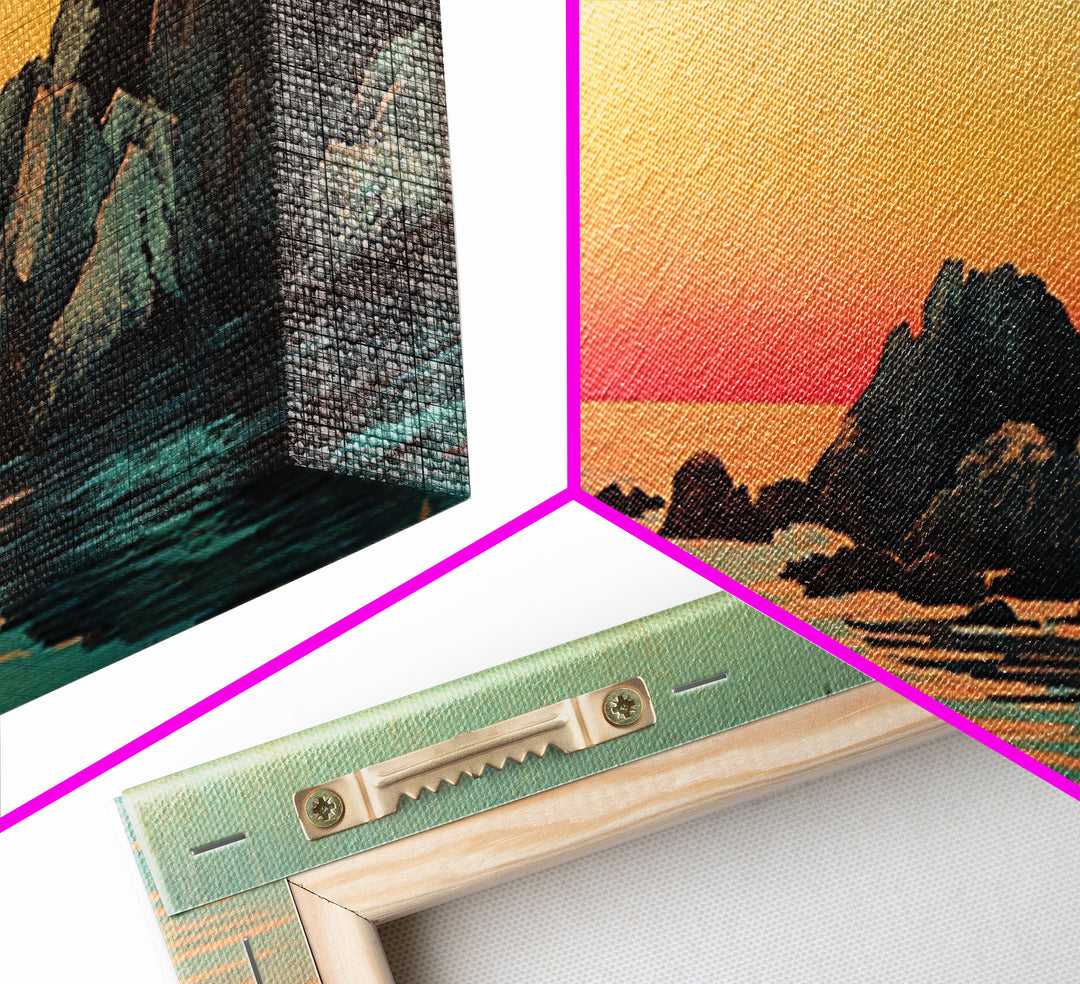 Orange Sunset Over Rocky Shore Wall Art, Japanese Coastal Seascape Print, Serene Ocean Decor, Large Horizontal Canvas Gift