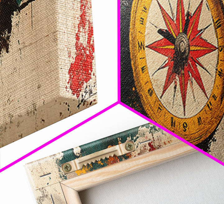Antique Compass On Abstract Map Canvas Print, Nautical Wall Art, Travel Decor, Explorer Gift, Office Wall Decor For Study Room