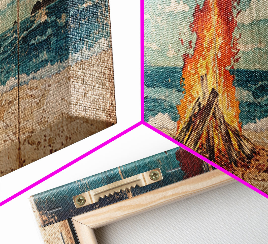 Beach Bonfire Beside Blue Ocean Wall Art, Coastal Triptych Print, Summer Seascape Decor, Large Framed Canvas Print Gift For Her