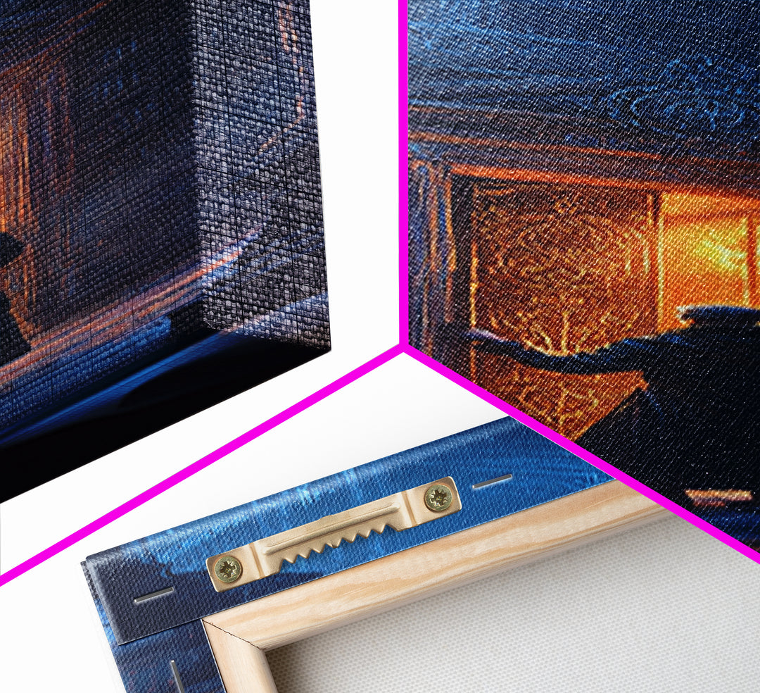 Glowing Portal Door In Dark Gothic Library Wall Art, Fantasy Bookstore Canvas Print, Dark Academia Decor For Reading Nook