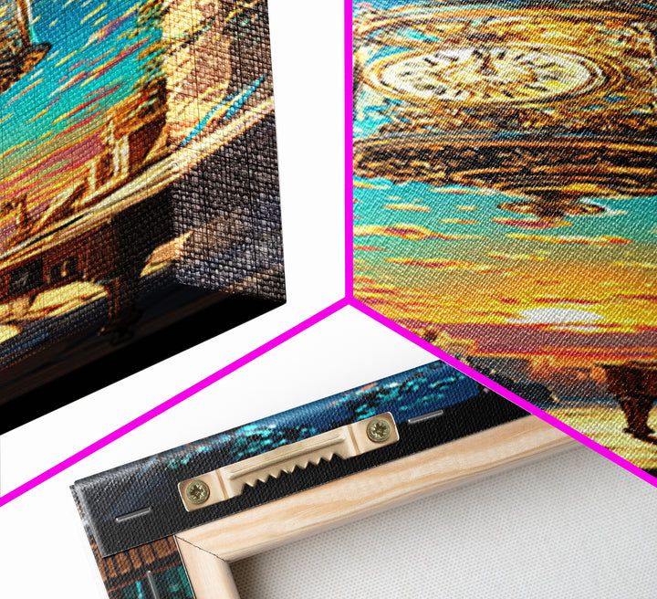 Floating Golden Clock Over Sunset Alley Wall Art, Whimsical Fantasy Canvas Print, Bookshop Travel Decor, Unique Gift For Her