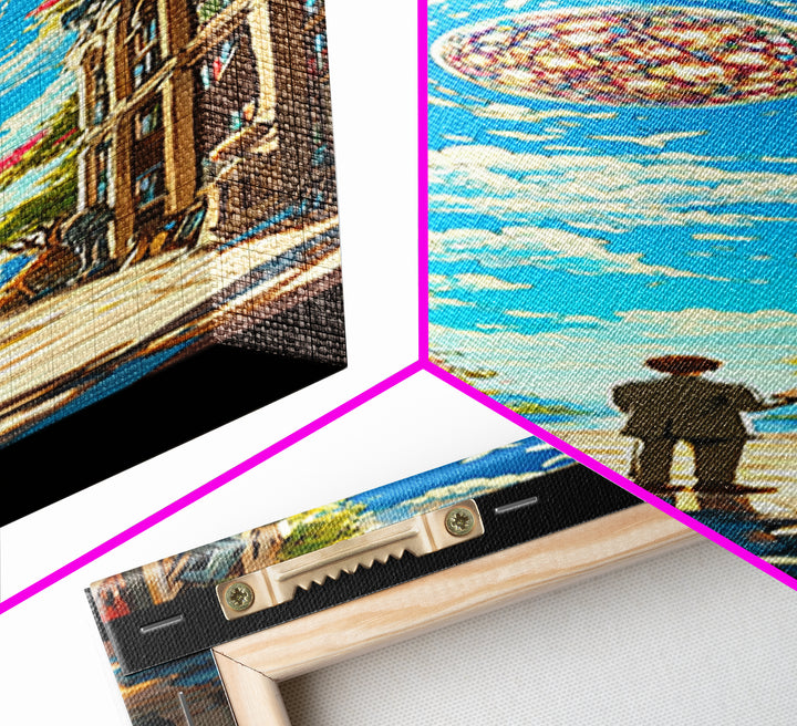 Sunlit European Alley With Birds And Glass Orb Canvas Print, Coastal Wall Art, Fantasy Travel Poster, Bright Home Decor Gift