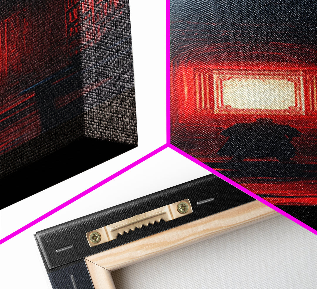 Red Glowing Door In Dark Library Wall Art, Gothic Framed Canvas Print, Dark Academia Decor, Moody Fantasy Artwork Gift For Him