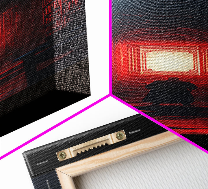Red Glowing Door In Dark Library Wall Art, Gothic Framed Canvas Print, Dark Academia Decor, Moody Fantasy Artwork Gift For Him