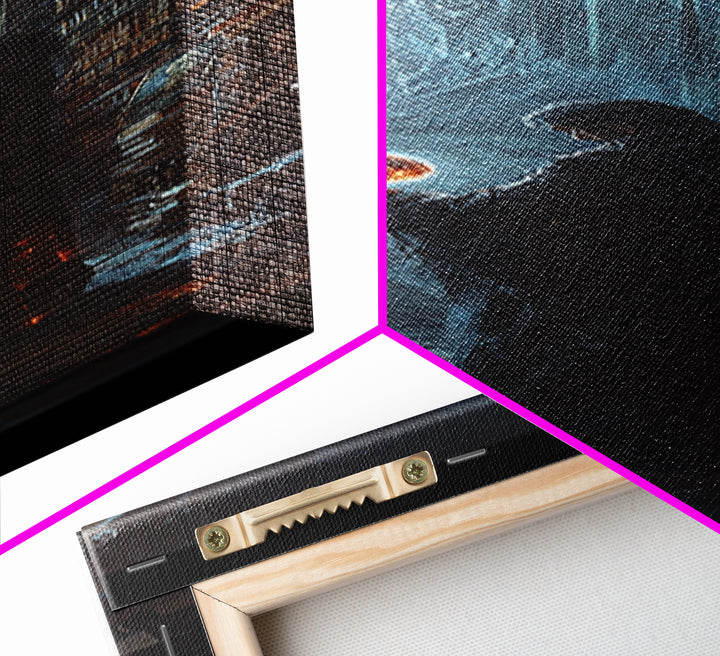 Cloaked Wizard In Gothic Library Framed Canvas Print, Dark Academia Fantasy Wall Decor, Mystical Bookish Art For Study Room Decor