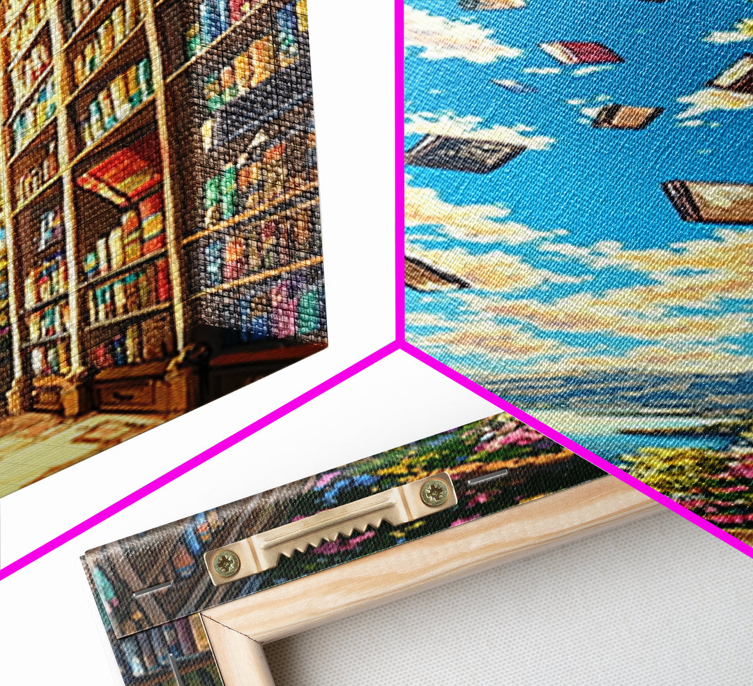 Blooming Library Arch With Floating Books Wall Art, Whimsical Book Lover Decor, Coastal Reading Nook Print, Colorful Art