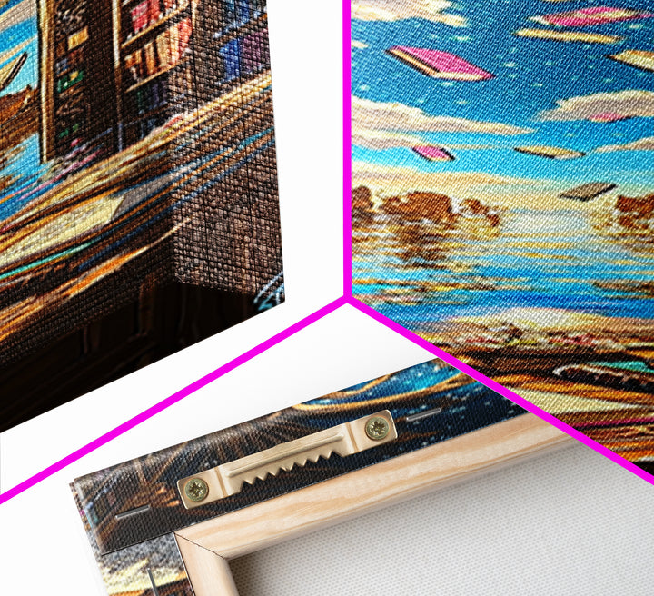 Sunlit Gothic Library Window Over Ocean Canvas Print, Bookish Wall Decor, Coastal Fantasy Art, Reading Nook Home Decor Gift