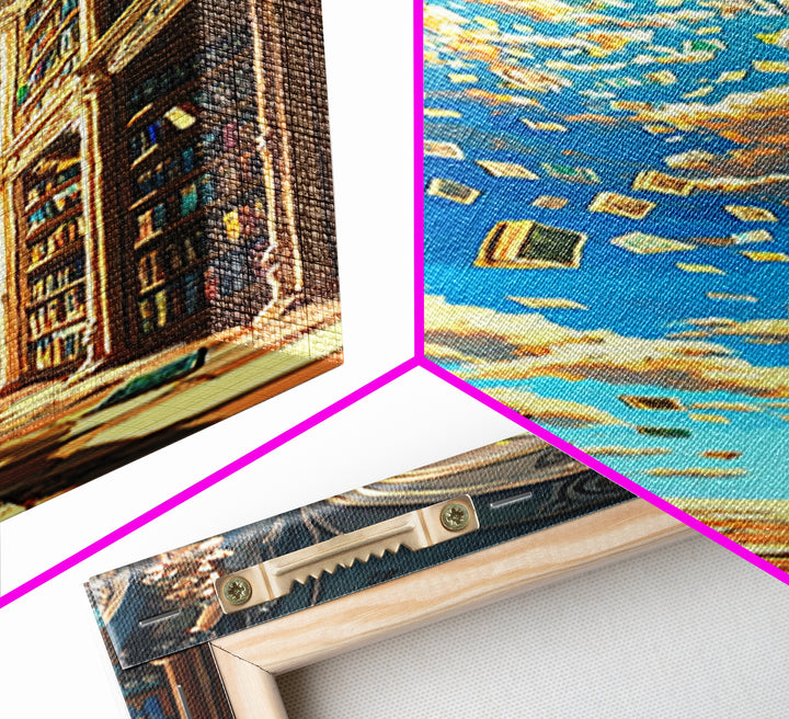 Golden Sky Library Arch With Falling Books Framed Canvas Print, Fantasy Bookish Wall Decor, Dark Academia Reading Gift Decor