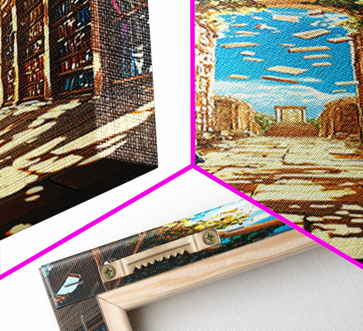 Sunlit Ivy Library Aisle With Floating Books Canvas Print, Bookish Wall Decor, Cozy Reading Nook, Fantasy Home Decor Gift